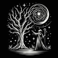 The man is standing in front of a tree with a crescent moon vector