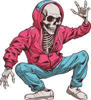 Skull in a hoodie and jeans dancing with headphones vector