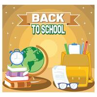 Stack of books with alarm clock, backpack and stationery, glasses, notebook. Flat modern illustration vector