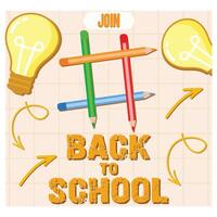Back to school with tic tac toe game, pencils makes and lamp idea doodle sketch. Flat modern illustration vector