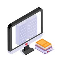 A computer screen displaying an open digital book, e learning concept vector