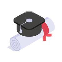 A rolled up diploma with a graduation cap, completion of studies vector