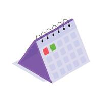 An isometric calendar icon, ideal for dates, scheduling, and time management. vector