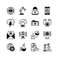 These icons represent various aspects of modern technology, including artificial intelligence, robotics, and data processing. vector