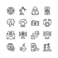 These icons represent various aspects of modern technology, including artificial intelligence, robotics, and data processing. vector