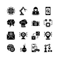 These icons represent various aspects of modern technology, including artificial intelligence, robotics, and data processing. vector