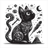 a black and white cat with a pyramid and other symbols vector