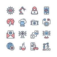 These icons represent various aspects of modern technology, including artificial intelligence, robotics, and data processing. vector