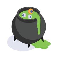Scary halloween pot, isometric icon of cauldron in modern style vector