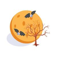 A large orange moon with bats flying over a barren tree vector