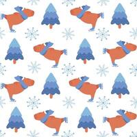 Winter seamless pattern with cute capybara on ice skates, snowflakes and Christmas tree. Flat illustration for fabric or wrapping paper. vector