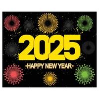 2025 golden on New Year dark background with fireworks. Flat modern illustration vector