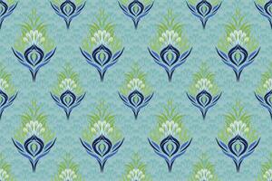 Ethnic ikat peacock feathers Pattern Ikat pattern Ethnic Pattern.Damask indian floral Aztec embroidery border seamless patterns. motifs on green background. vector