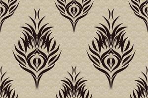 Ethnic ikat peacock feathers Pattern Ikat pattern Ethnic Pattern.Damask indian floral Aztec embroidery border seamless patterns. black on beige background. vector