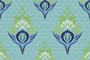 Ethnic ikat peacock feathers Pattern Ikat pattern Ethnic Pattern.Damask indian floral Aztec embroidery border seamless patterns. green background. vector