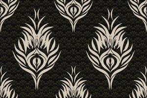 Ethnic ikat peacock feathers Pattern Ikat pattern Ethnic Pattern.Damask indian floral Aztec embroidery border seamless patterns. white on black background. vector
