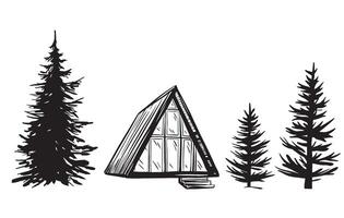 Set of Triangular house or A-frame hut and tree fir illustration in linear drawing style. Remote house in the wilderness and forest for adventure or camping on isolated background. vector