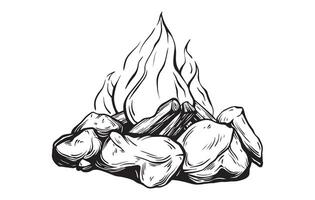 Hand drawn illustration of a Camp Fire in vintage style. Sketch of a campfire or bonfire. Retro bonfire with a flame for summer tourism in the forest. Drawing on a white isolated background. vector