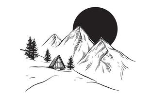 Triangular house or A-frame hut and sun over the mountains illustration in linear drawing style. Remote house in the wilderness and forest for adventure or camping on isolated background. vector