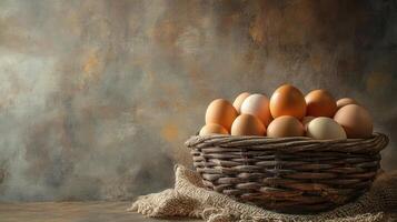 A basket full of eggs on a table photo
