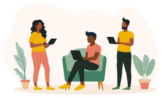 Three individuals are engaged with laptops in a comfortable room, surrounded by plants. The graphic style is modern and vibrant. illustration vector