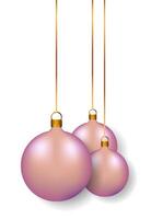 Three pink Christmas ornaments are suspended with golden ribbons against a white background, creating a festive and cheerful atmosphere vector