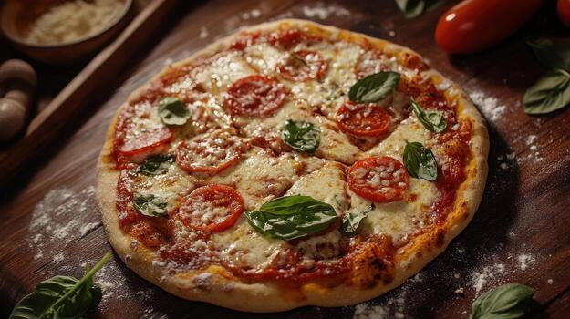 A pizza with cheese, tomatoes and basil on a wooden table photo