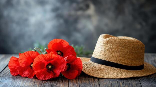 Red poppies and straw hat on wooden table photo