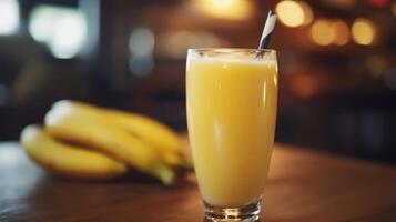 A glass of orange juice with a straw sitting on a table photo