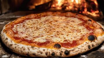 A pizza sitting on top of a stone counter photo