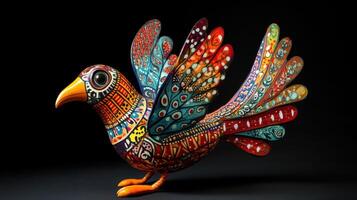 A colorful bird sculpture with a colorful pattern photo
