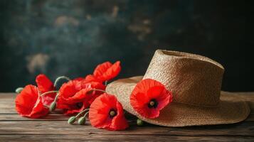 Red poppies and straw hat on wooden table photo