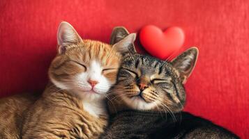 Two cats are laying together on a red background photo