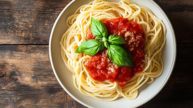 Spaghetti with tomato sauce and basil on a wooden table photo