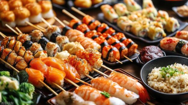 A variety of sushi and other food on skewers photo