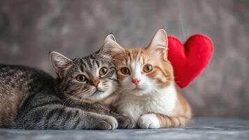 Two cats are laying next to each other with a red heart photo