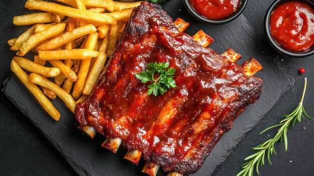 Ribs and fries on a black slate board with sauce and herbs photo