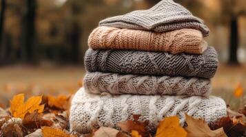 A stack of sweaters on the ground in autumn photo