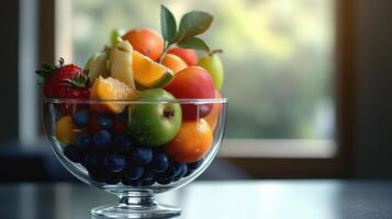 A glass bowl filled with fruit photo