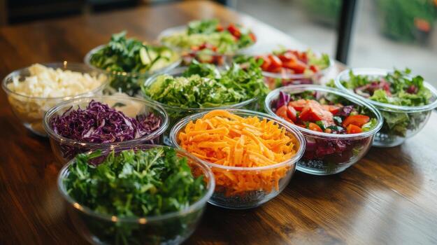 A table with several bowls of salad photo