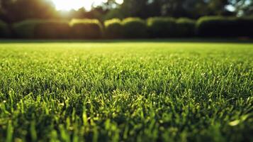 A close up of a green grass field with sunlight shining through photo