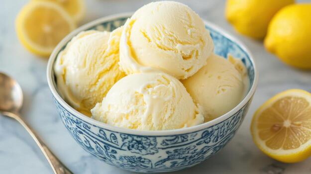 A bowl of ice cream with lemons photo