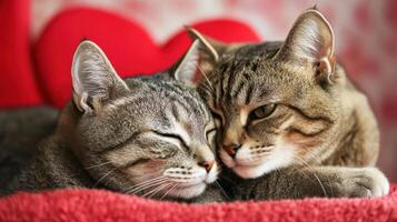 Two cats are laying together on a red blanket photo