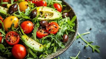 A salad with tomatoes, avocado, olives and black olives photo