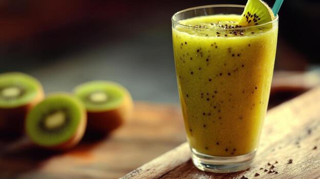 Kiwi smoothie with blue straw photo