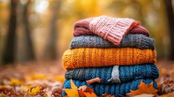 Stack of sweaters in autumn forest photo