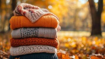 Stack of sweaters in autumn park photo