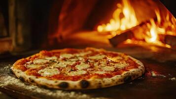 A pizza is sitting on a table in front of a fire photo