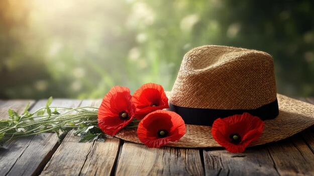 Red poppies and a straw hat on a wooden table photo