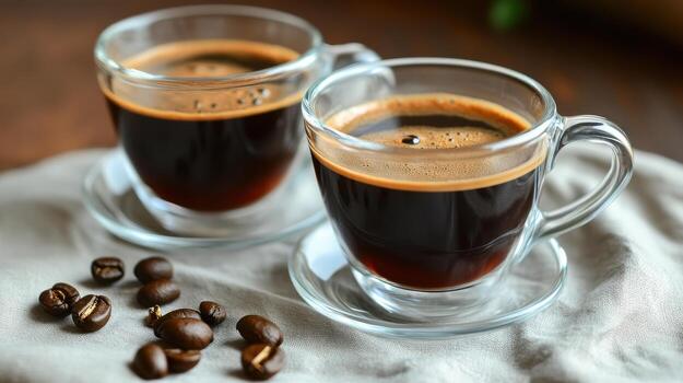 Two cups of coffee with beans on a table photo